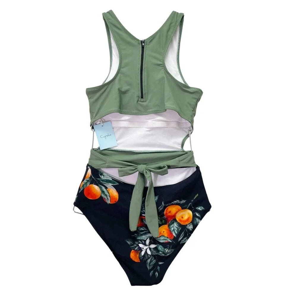 NWT Cupshe Miss U Citrus Print Cutout One Piece Swimsuit Zip Back Tie Waist Sz M